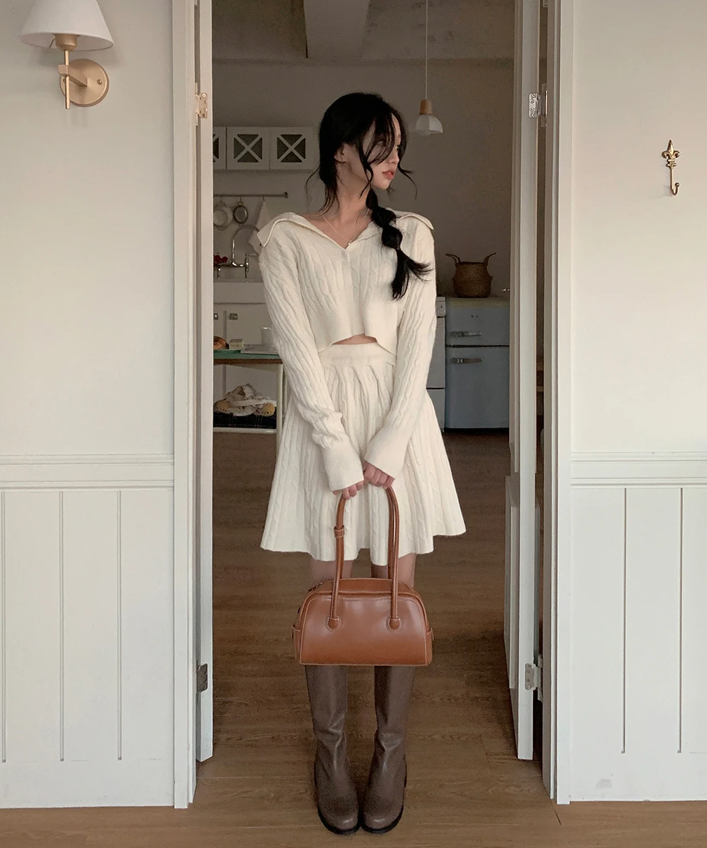 Korean Fashion Two-piece Set Women Pullover Turn-down Collar Crop Top Mini Skirt Solid Casual Suit Autumn New Knitwear Outfits