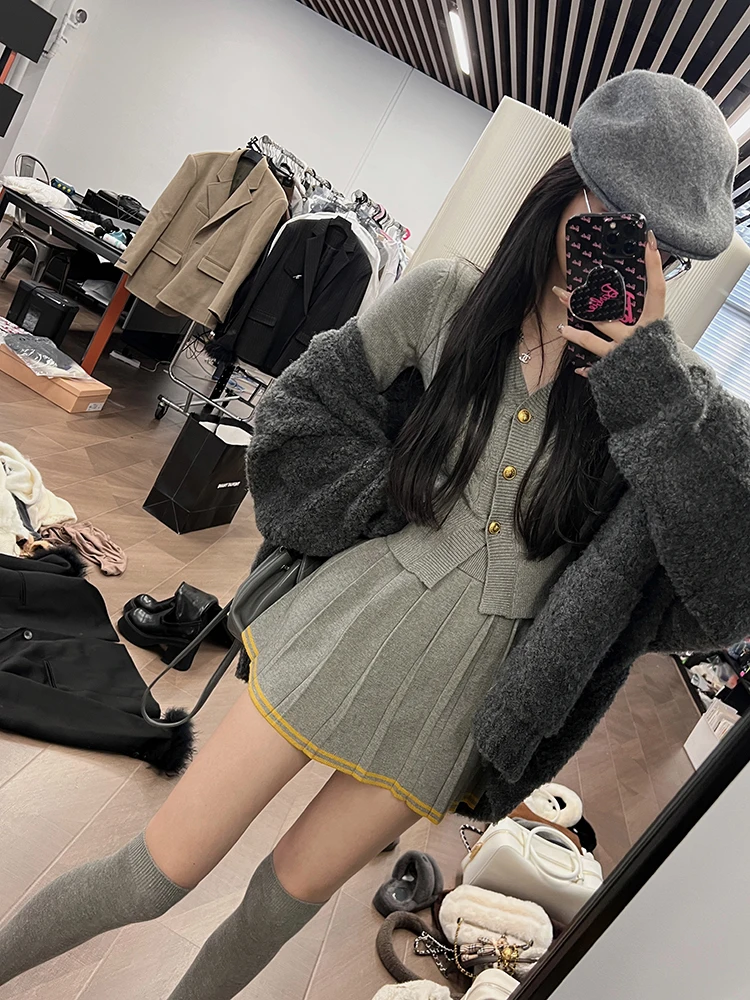 Autumn Knitted Two Piece Skirt Set Women Long Sleeve Single Breasted V-neck Top Mini Pleated Skirt Korean Chic Female Outfit New