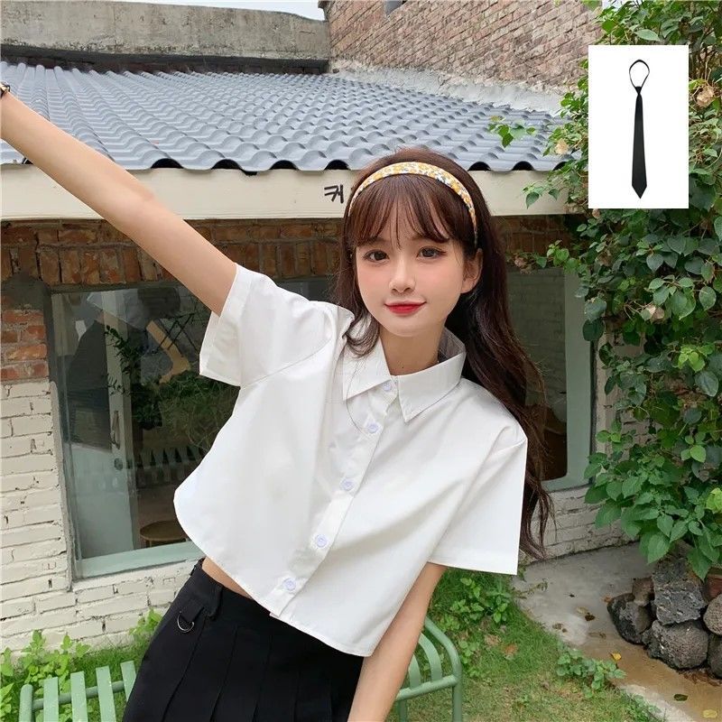 Oversize White Cropped Shirt Women Summer Short Sleeve Polo Neck Sweet Preppy Button Short Shirts Korean Female Blouses Blusa