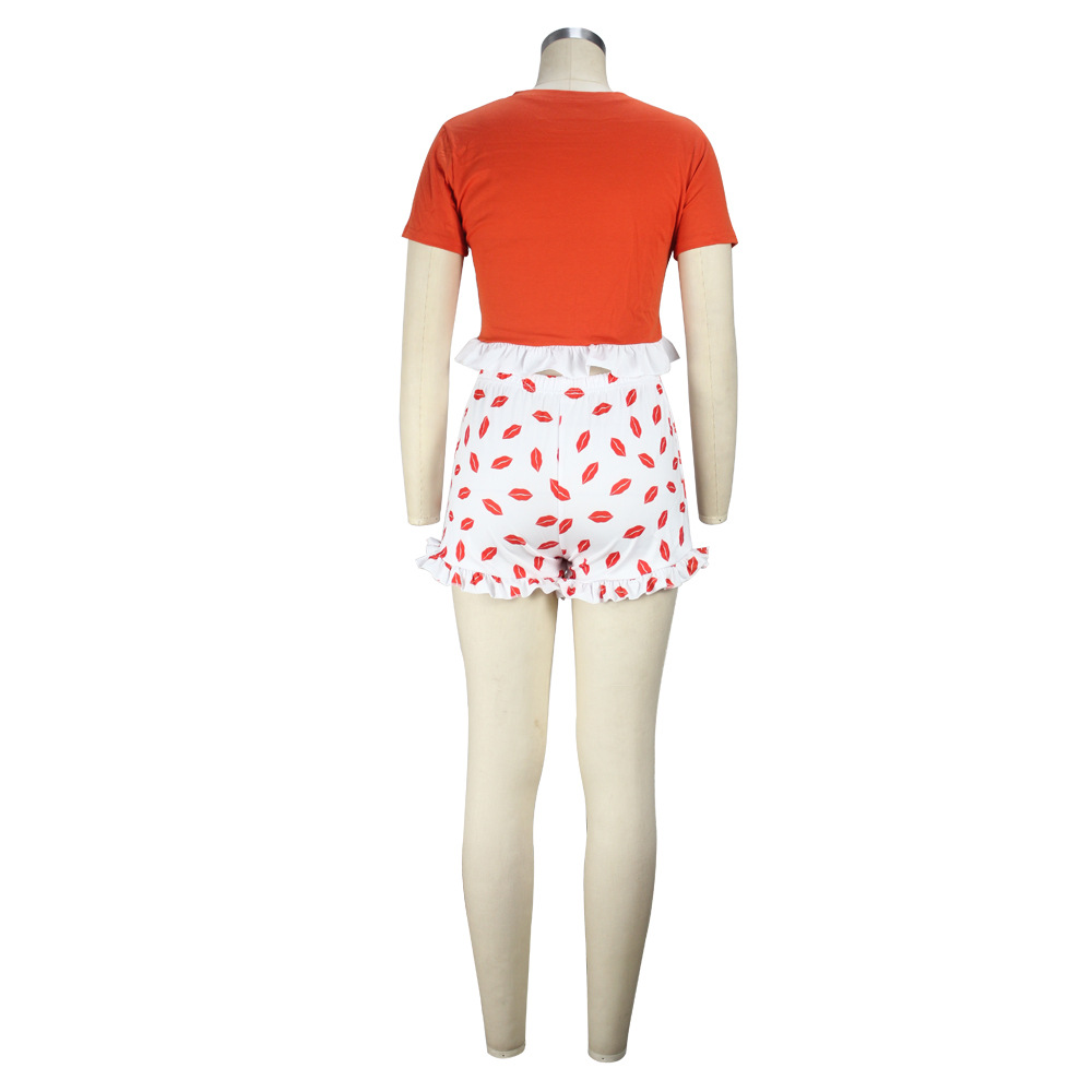 Women Clothing Summer Lace Color Matching Short-Sleeved T-shirt Women Lip Printings Slim Two-Piece Set Romper