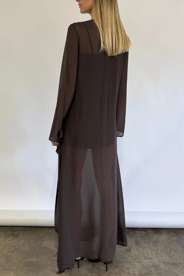 Fashionable Mesh See-through Round Neck Long Sleeve Tie Bow Slit Maxi Dress