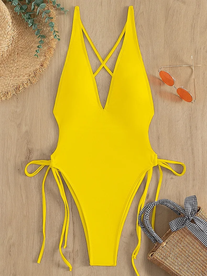 Solid V-neck One Piece Swimsuit for Women Sexy Cross Bandage Swimwear Backless Bathing Suit New Monokini