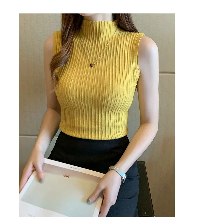 Women Knitted Slim Tank Top Solid Sleeveless Sexy O-Neck Crop Top Casual T-shirt Cotton Off Shoulder Crop Tank Top Summer
