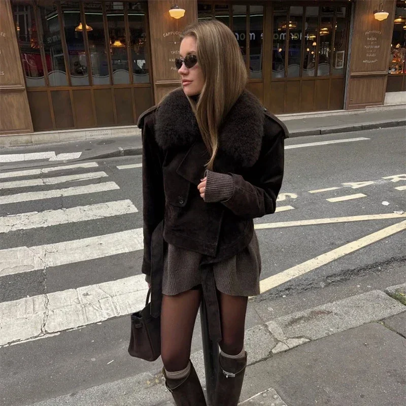 Vintage Cropped Suede Jacket Women Lapel Fur Collar Lace Up Long Sleeve Coat Female Winter Fashion Lady High Street Outwear