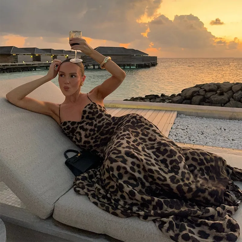 Y2K Leopard Print Suspender Long Dresses Women Slim Sleeveless Backless A-line Party Dress 2025 Summer Vintage Lady Robes _New