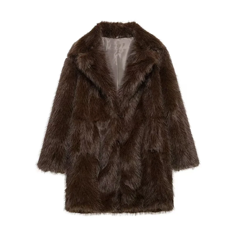 Luxury Brown Faux Fur Jacket Women Oversized Lapel Long Sleeve Fluffy Thicken Coats Female Winter Warm Luxury Streetwear
