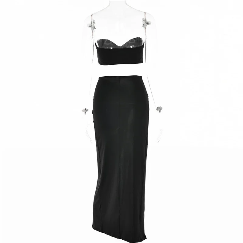 Elegant Strapless Sexy Two Piece Set Women Sleeveless Crop Top And High Split Skirt Matching Sets Party Dress Sets