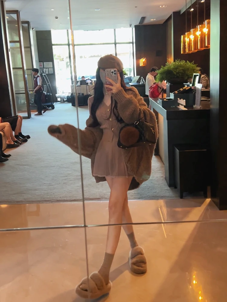 Autumn Knitted Two Piece Skirt Set Women Long Sleeve Single Breasted V-neck Top Mini Pleated Skirt Korean Chic Female Outfit New