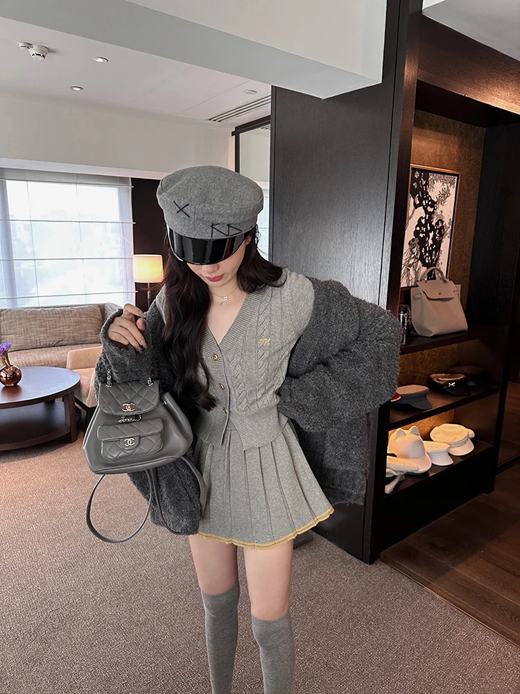 Autumn Knitted Two Piece Skirt Set Women Long Sleeve Single Breasted V-neck Top Mini Pleated Skirt Korean Chic Female Outfit New