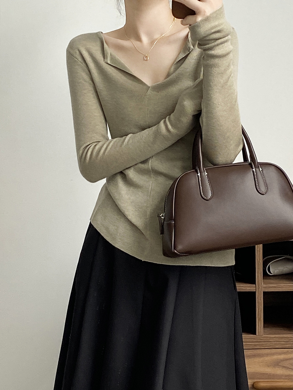 French V Neck Open Sweater Spring Inner Wear Elegant Slim Fit Long Sleeve Top