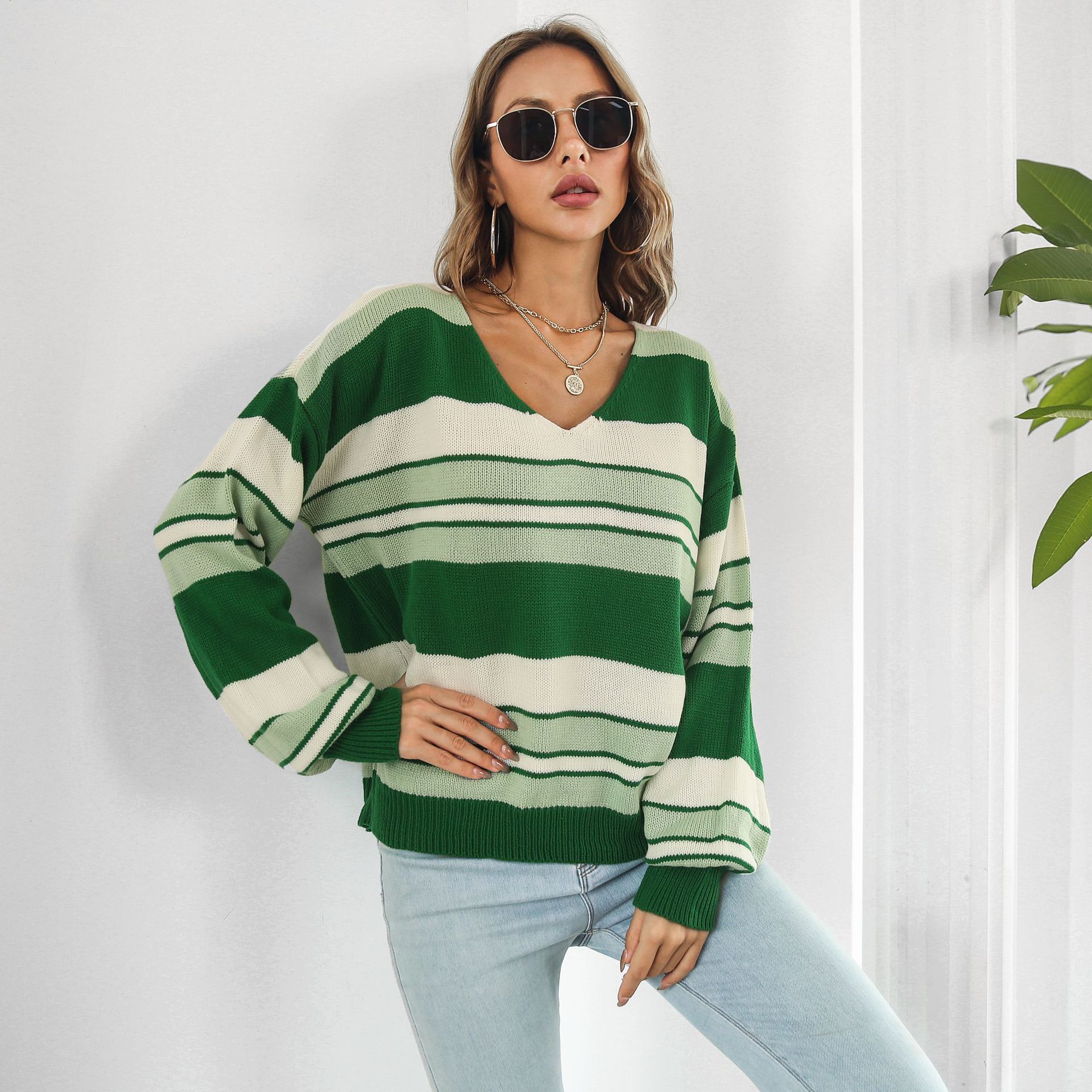Striped Gradient Color V neck Long Sleeved Women Loose Autumn Winter Knitwear Sweater
