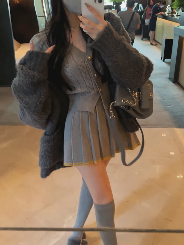 Autumn Knitted Two Piece Skirt Set Women Long Sleeve Single Breasted V-neck Top Mini Pleated Skirt Korean Chic Female Outfit New