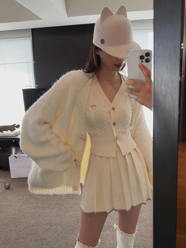Autumn Knitted Two Piece Skirt Set Women Long Sleeve Single Breasted V-neck Top Mini Pleated Skirt Korean Chic Female Outfit New