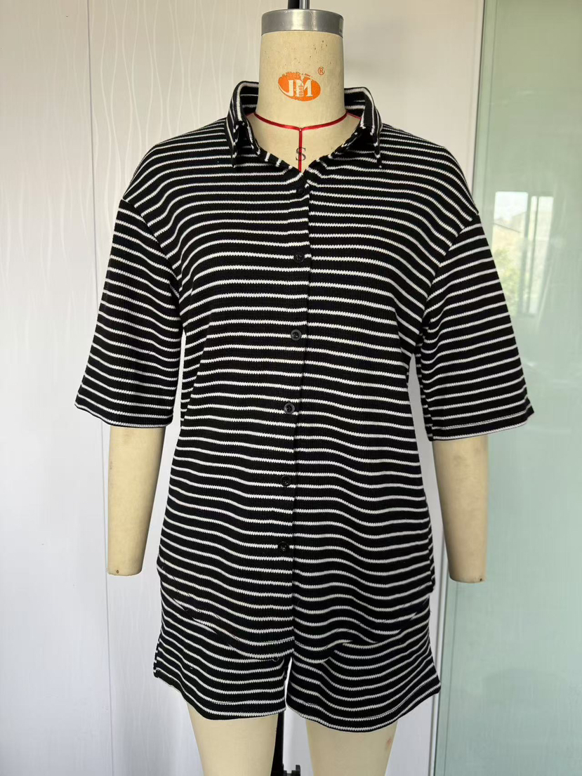 Casual Two Piece Set Five Quarter Sleeve Striped Shirt Top Shorts Set