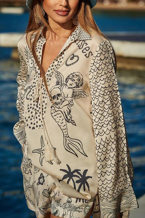 Ladies' Wealthy Satin Unique Printed Tassel Shirt and Elastic Waist Shorts Set