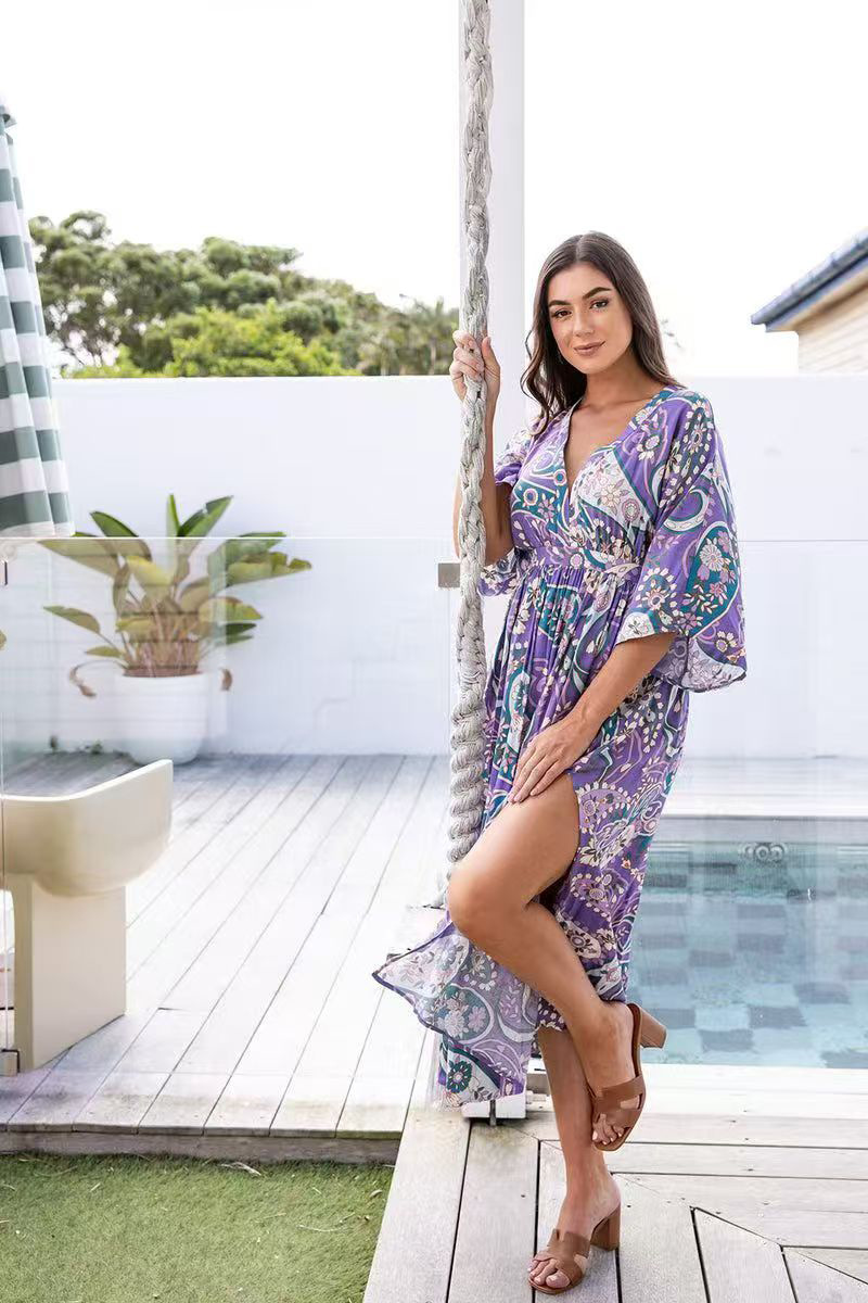 Summer Batwing Sleeve V neck Waist Slimming Maxi Dress Beach Holiday Dress