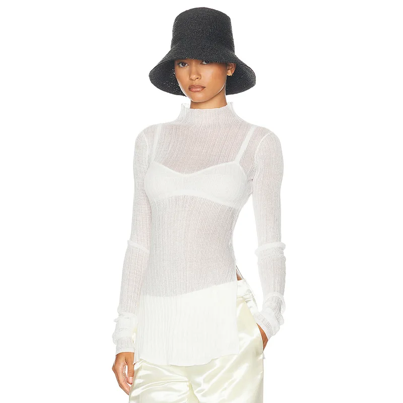 White Knitwear See-Through T-shirt Pullover Female Hollow Out Slim Loose Long Sleeve Casual Tee Women Patchwork Top Tee