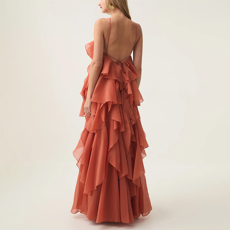 Free - Flowing Rose Detail Tiered Ruffles Halter A-line Maxi Dress