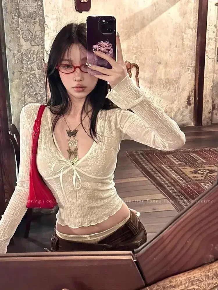 Korean Fashion Crop Top y2k Aesthetic Sweet Lace Patchwork Long Sleeve T Shirt with Bow 2000s Women Clothes Streetwear