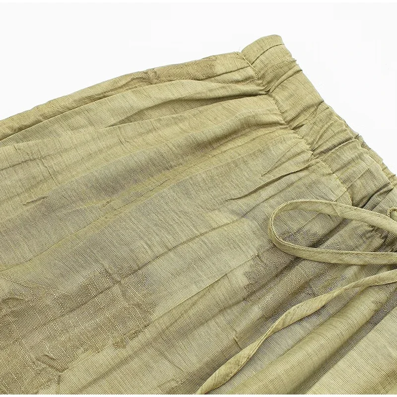 New Linen Tie-dye Print Long Pants Sets For Women Lapel Half Sleeve Single Breasted Shirts Drawstring Wide Leg Pant 2 Pieces Set