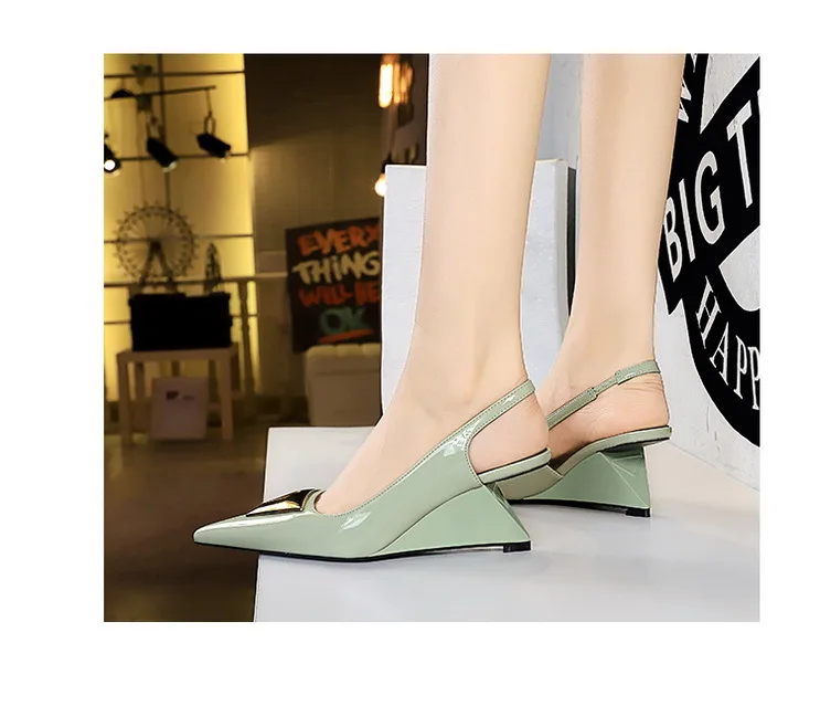 Patent Leather High Heels Wedges Shoes Lady Trendy Pumps Pointed Toe Hollow Back Strap 6.5 Cm Women Sandals White Heels Shoes