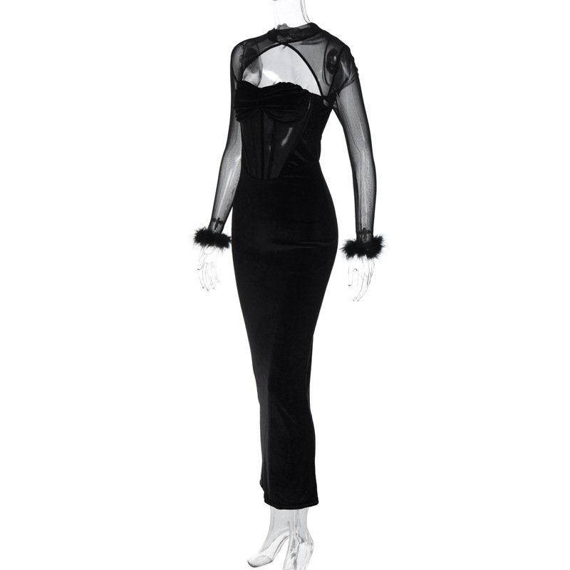 Winter Women Clothing Plush Mesh Stitching Sexy Night Club Hollow Out Cutout Maxi Dress Slim Dress