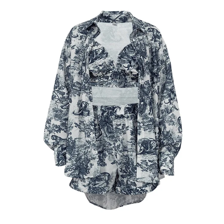 Retro Ink Shirt Three-piece Shorts Suit Women's Summer Casual Long Sleeve Button Print Fashion Shirt with Shorts Suit