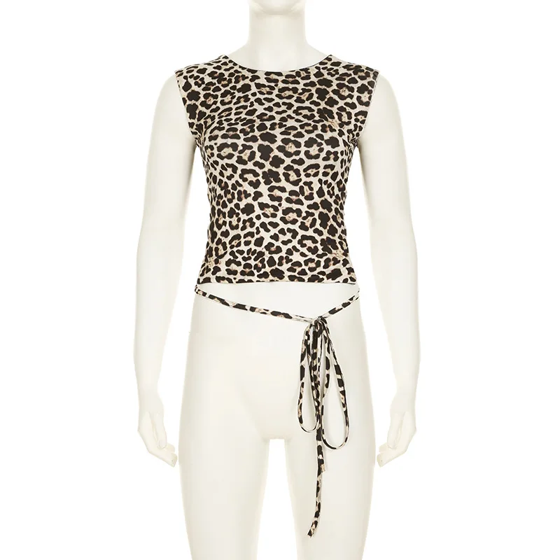 Fashion Double Wear Skirt Suit Female Leopard Print Lace Up Sleeveless Vest Irregular Splice Skirt Two Pieces Set Women's