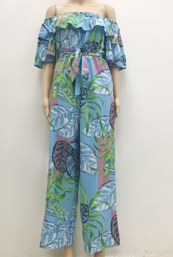 Women Clothing Fashion off-Shoulder Floral Jumpsuit Summer Short Sleeve Chiffon Vacation Beach Jumpsuit