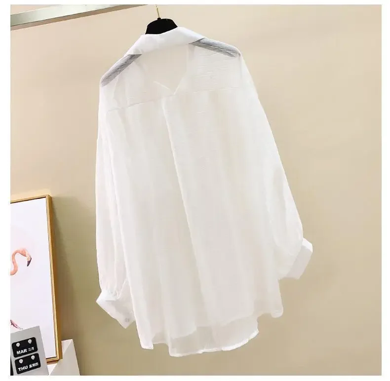 Women Elegant Long Sleeve Perspective Sheer Sunscreen Chiffon Blouse Korean Fashion Loose Shirt Women Summer Beach Cardigans