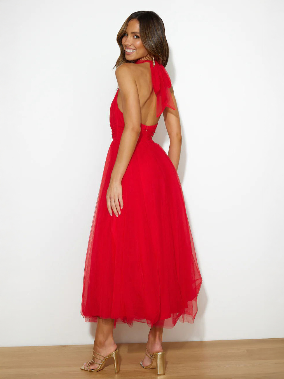 Tulle Midi Dress Halter Pleated Empire Waist Open Back Elegant Prom Dresses