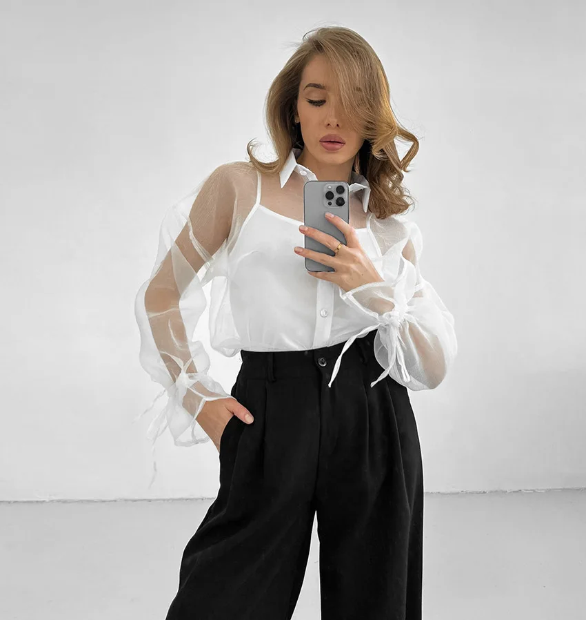 Mesh See-through Lace-Up Shirt Women's Sexy Long Sleeve Tops Fashion Solid Color Casual Streetwear Women's Shirt Tops