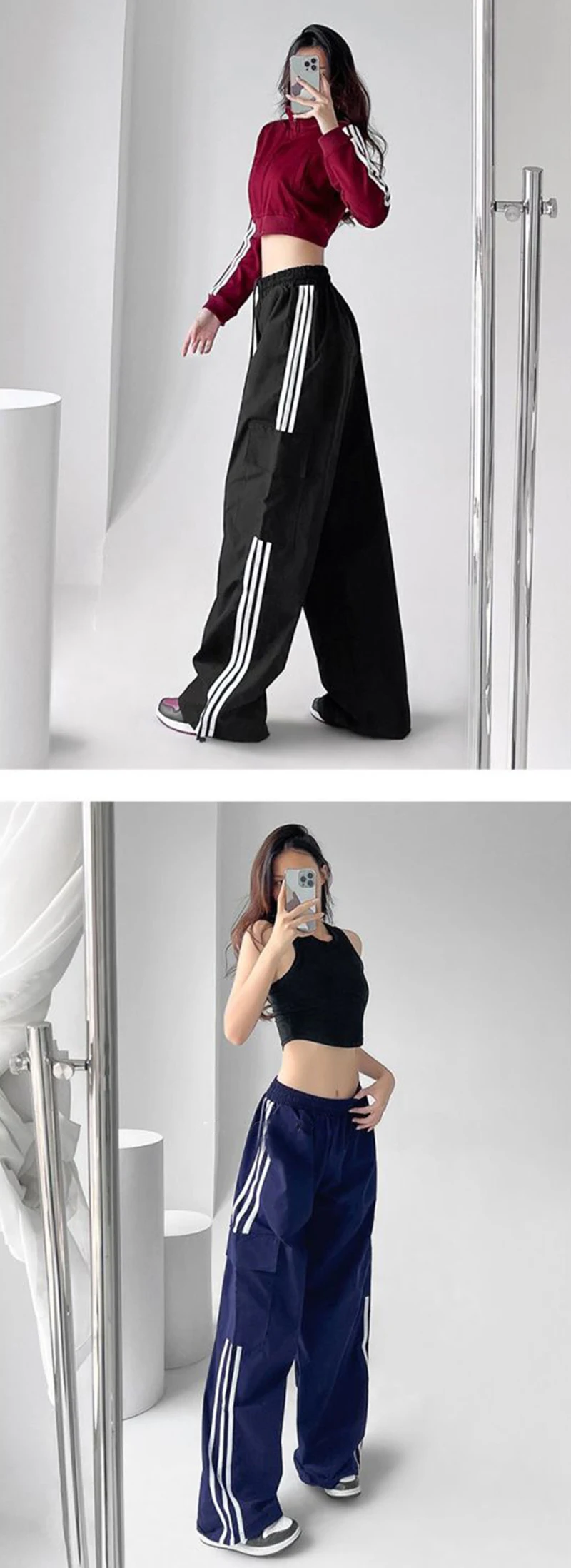 Striped Sweatpants Women Hip Hop Streetwear Baggy Wide Leg Cargo Pants Bf Y2K High Waist Drawstring Joggers Trousers