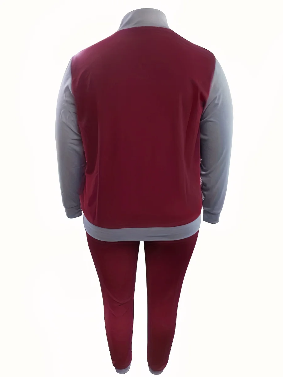 Plus Size Zipper Design Patchwork Pants Set Women Color Block Mandarin Collar Tracksuits Long Sleeve Two Pieces Outfits