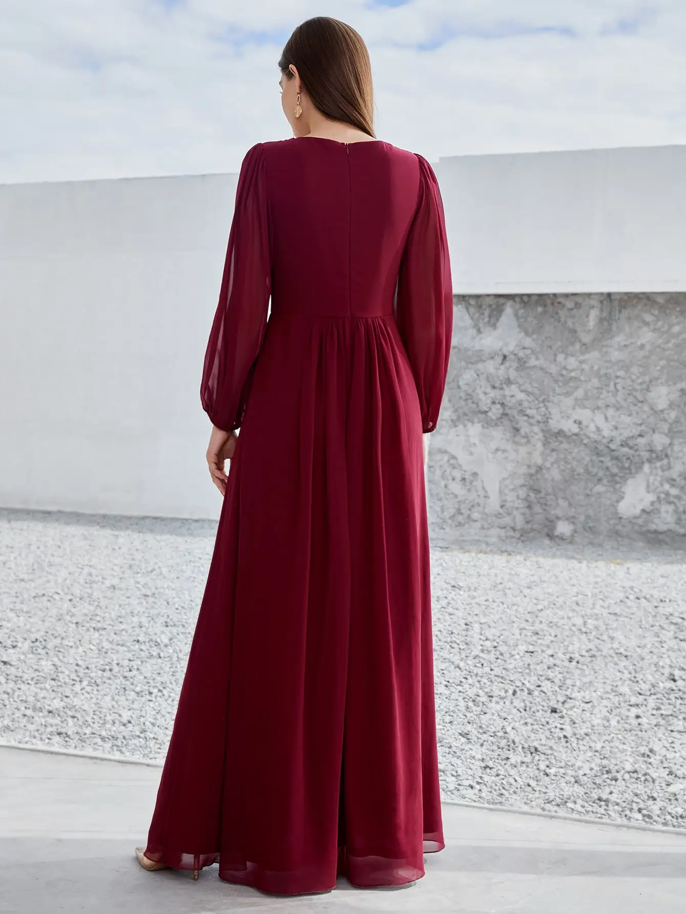 V-neck long sleeve beaded print extra long chiffon Dress Evening gown Ball dress Party dress Bridesmaid dress