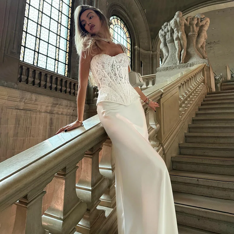 Women's Lace Dress Two Pieces Set Retro Strapless Fish Bones Top Solid Slim Skirt Suit Ladies Elegant Party Dress Sets