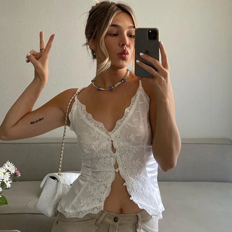 Lace Casual Female Camisole Y2k Top V-Neck High Waist Streetwear White Backless Patchwork See-Through Women Tank Top Vest