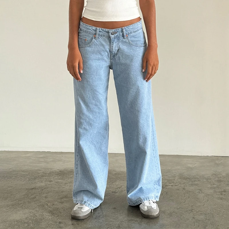 Women Y2K Aesthetic Low Rise Baggy Jeans Loose Fit Boyfriend Straight Wide Leg Jeans Trendy Stretch Long Denim Pants Trousers