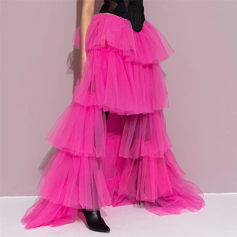 Tulle Skirts Women y2k Solid Color Elastic High Waist Asymmetrical Hem Long Skirts Summer Evening Party Skirt Clubwear