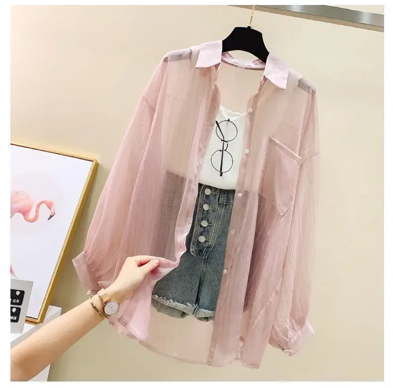 Women Elegant Long Sleeve Perspective Sheer Sunscreen Chiffon Blouse Korean Fashion Loose Shirt Women Summer Beach Cardigans