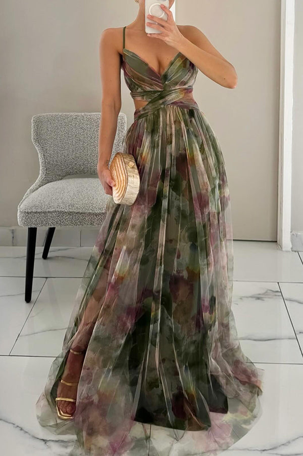 Ladies' summer princess chiffon printed hollow sexy waist and back lace up long dress
