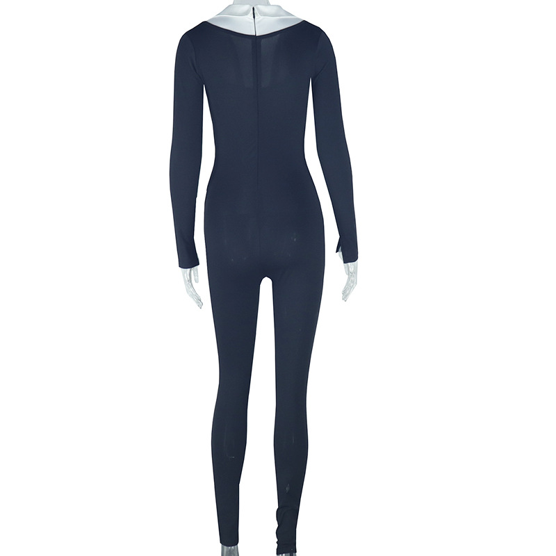 Elegant Women Clothing Sexy Tight Slimming Long Jumpsuit Long Sleeve Zipper White U Shaped Collar Jumpsuit