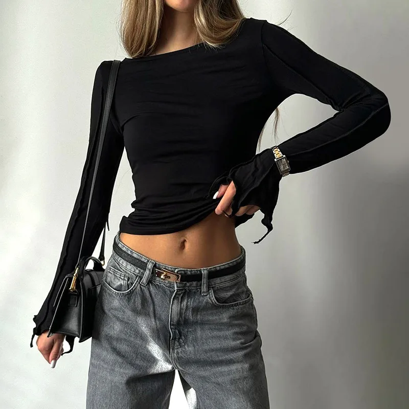 Fashion Patchwork Inner T-shirt Top For Women High Waist Solid Slim Casual Irregular Ruched Streetwear Female Commute Tee