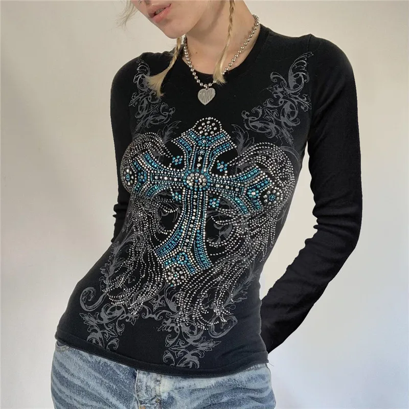 Rhinestone T Shirt y2k Aesthetic Fairy Grunge Cross Wings Pattern Short Sleeve Tops Casual Graphic Tee 2000s Streetwear