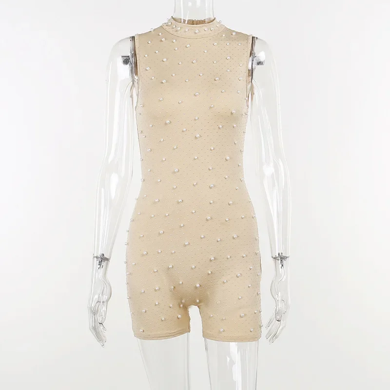 Bodycon Rompers Beading Playsuit Women Y2k Clothes Sleeveless Combinaison Femme Sexy Bodysuits O-Neck One Piece Club Outfit