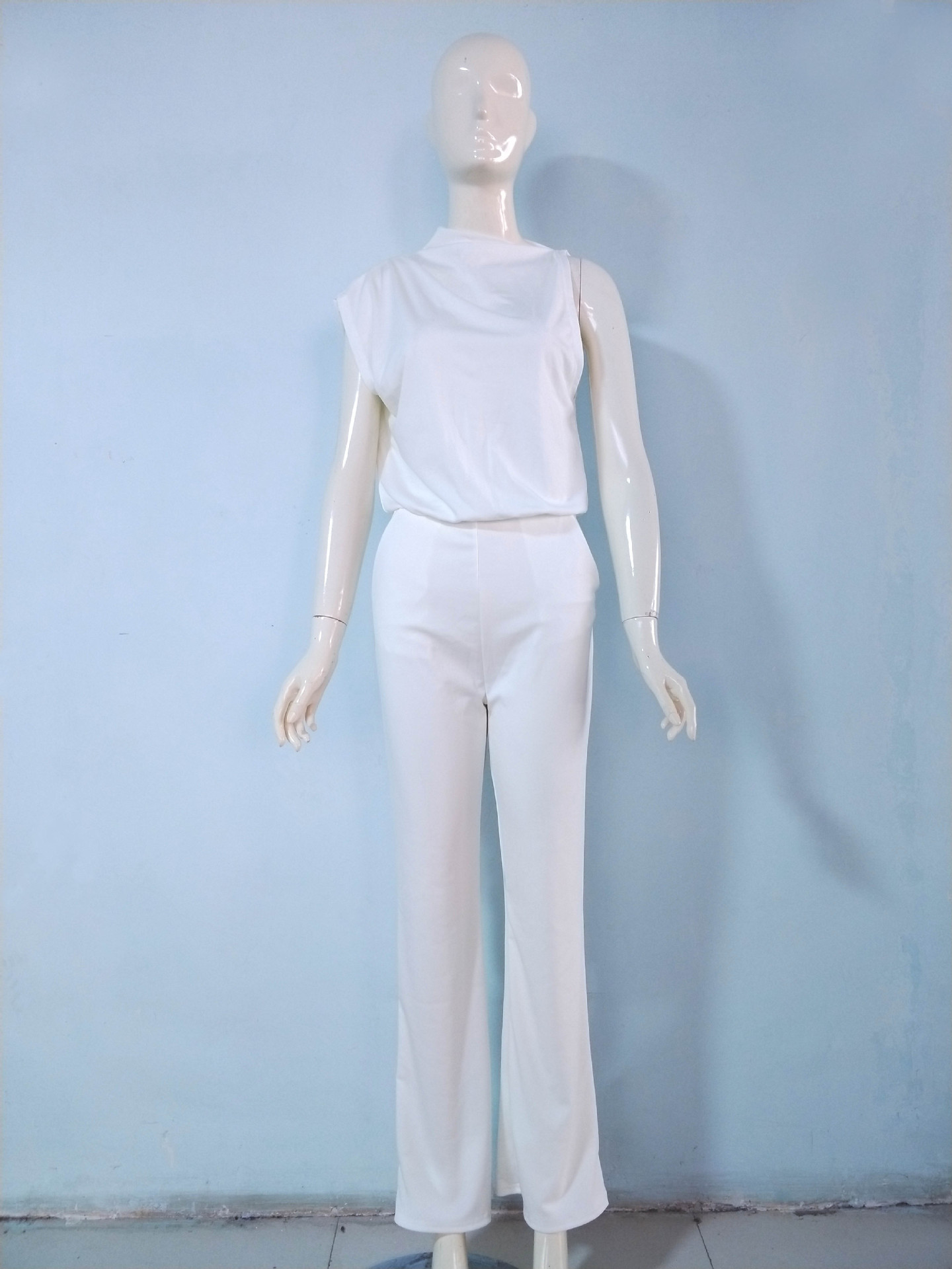 Women Pants Solid Color One Shoulder Pile Collar Jumpsuit Popular Dress Trousers