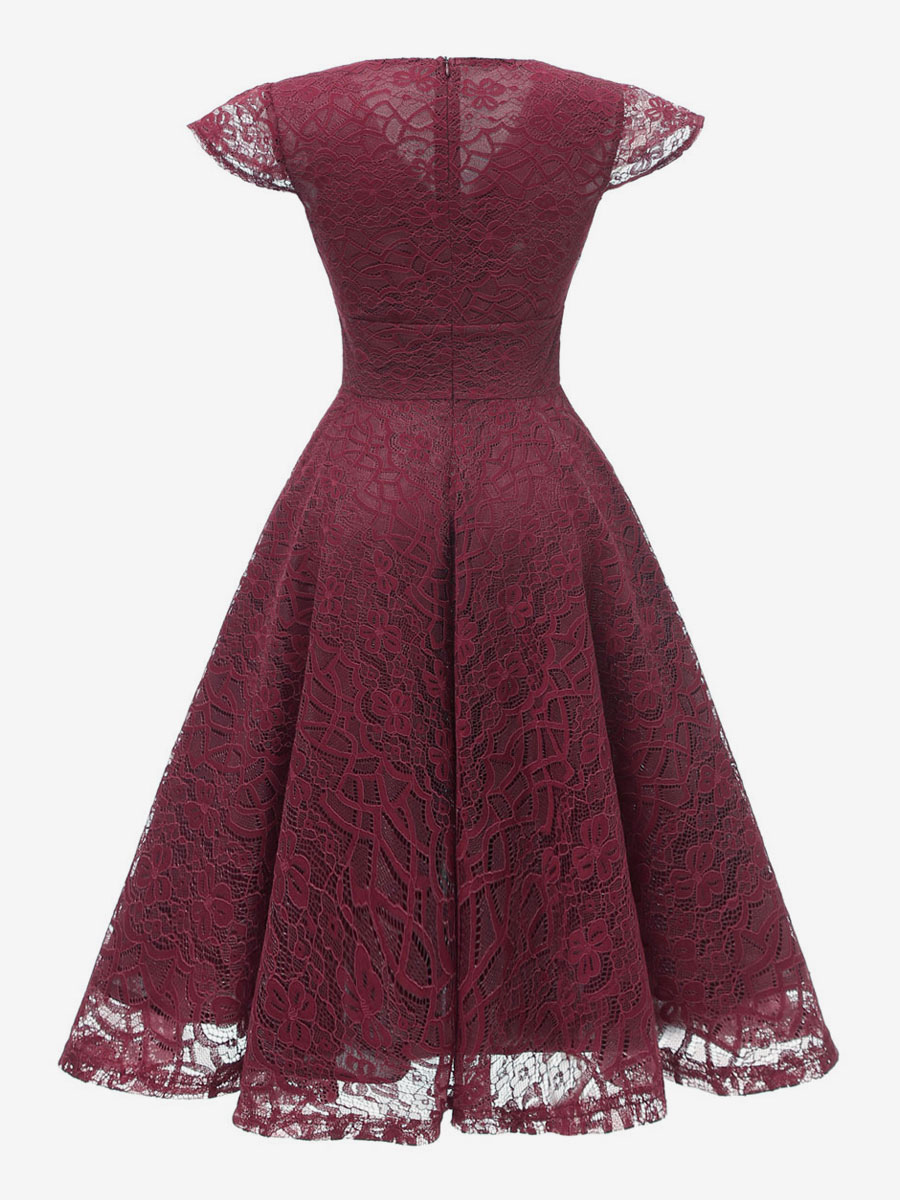 Vintage 1950s Midi Lace Dress for Women - V Neck Cap Sleeve A-line Cocktail Prom Gown - Wedding Guest Wear 2026