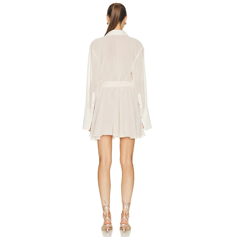 Elegant Dress Women Summer Sexy Long Sleeve Turn-Down Collar A-line Mini Pleated Shirt Dress Evening Party Dresses