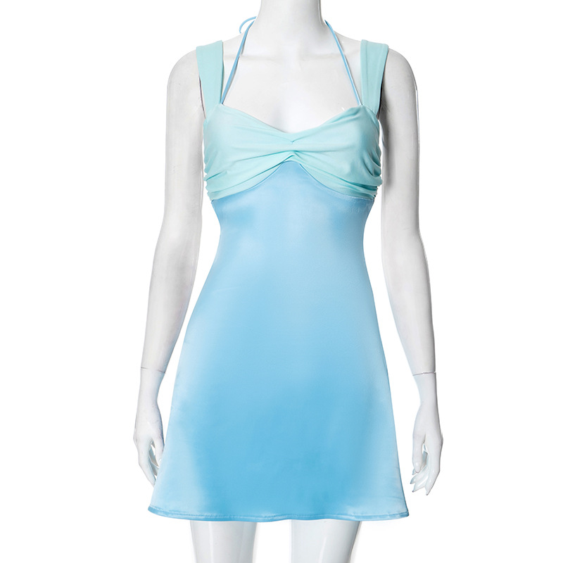 Splicing sleeveless sexy mini women's long robe satin strapless backless lace up high waisted A-line party dress