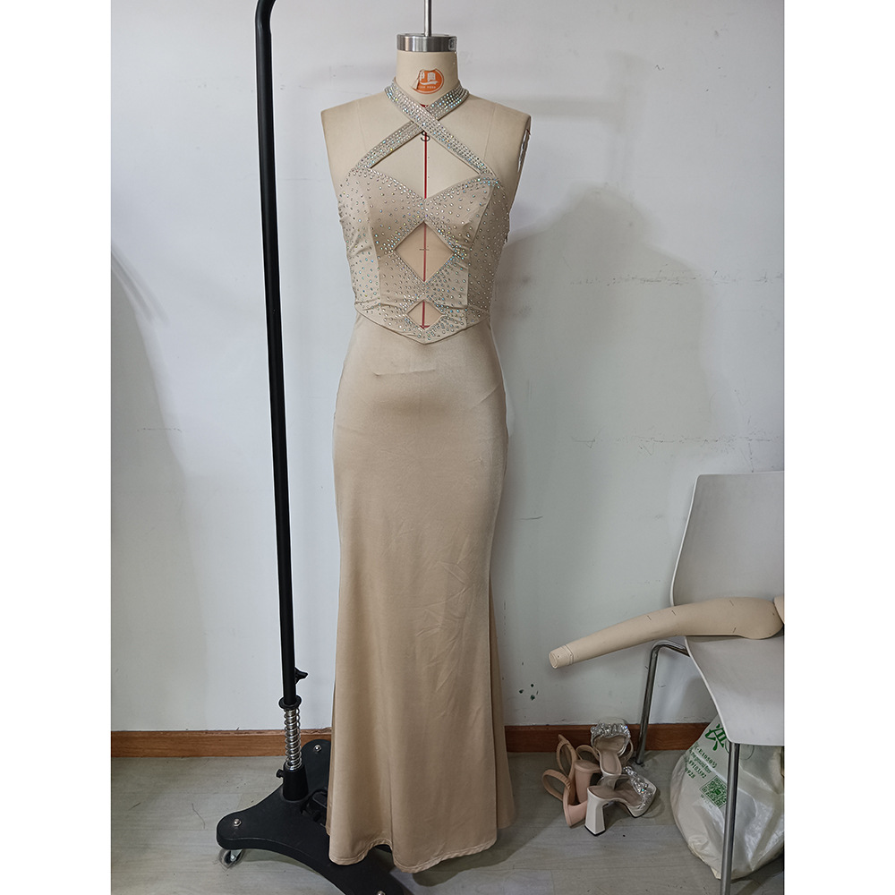 Summer Internet Celebrity Drilling Elastic Mesh Sling Dress Sexy Fishtail Dress Elegant High Sense Footwear